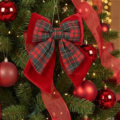 Tartan and Red Double Bow 23cm Christmas Decoration