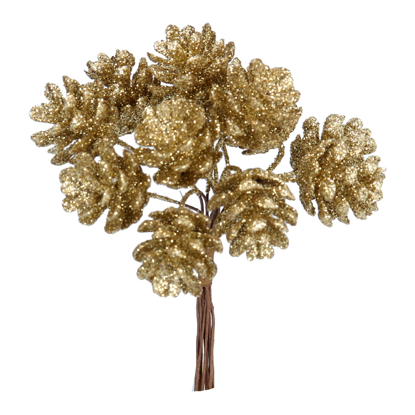 Gold glittery floral arrangement on a white background