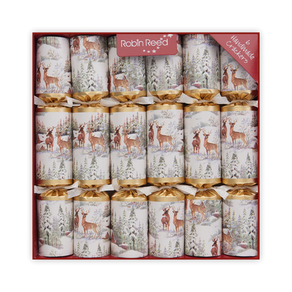 Box of Robin Reed Christmas crackers with deer and forest design