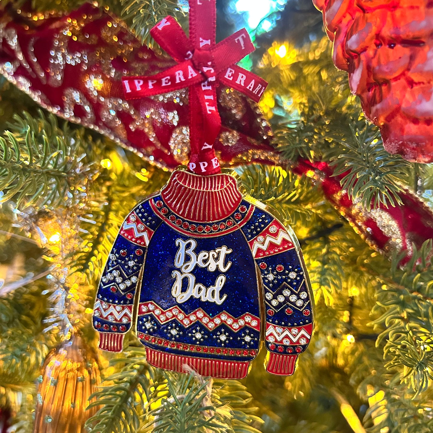 Decorative ornament shaped like a blue sweater with 'Best Dad' text, hanging on a Christmas tree.