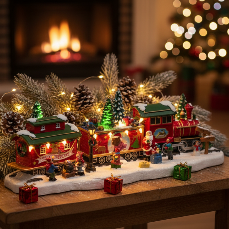 A festive Christmas tabletop display with a miniature red train, small holiday buildings, pine trees, warm string lights, Santa figures, and wrapped presents, set on a wooden table in front of a blurred fireplace and Christmas tree background.