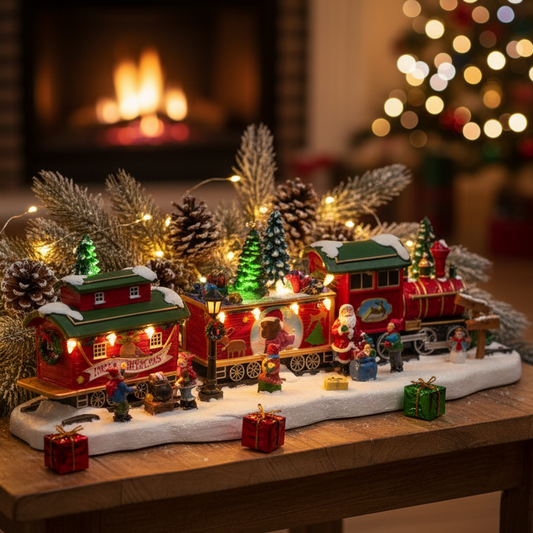 A festive Christmas tabletop display with a miniature red train, small holiday buildings, pine trees, warm string lights, Santa figures, and wrapped presents, set on a wooden table in front of a blurred fireplace and Christmas tree background.