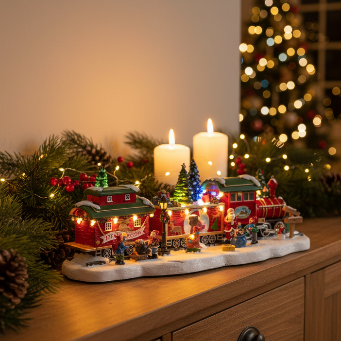 A festive Christmas miniature traindisplayed on a wooden cabinet, surrounded by green pine garlands, lit candles, and a blurred Christmas tree in the background.