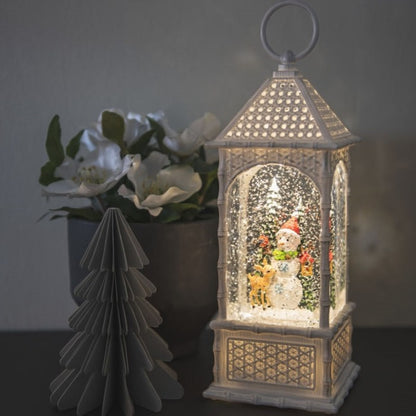 Snowman Scene White Wicker Effect Christmas Water Lantern