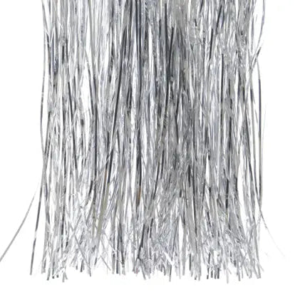 Silver tinsel strands on a white background
