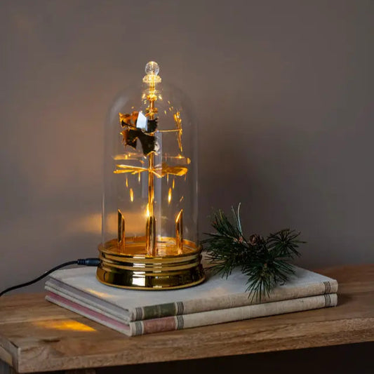A gold 4 warm white LED spinner Christmas decoration with a glass dome cover, placed on a book on a shelf, with a decorative pine branch beside it.