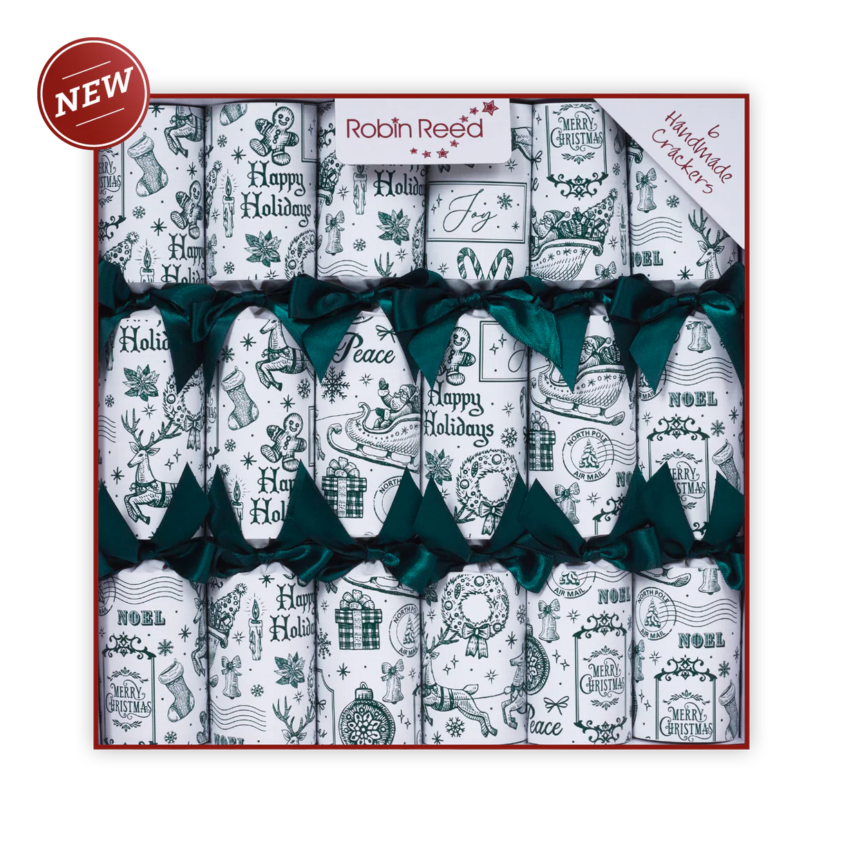 Packaged cracker set with festive designs and green ribbons, featuring the brand 'Robin Reed'.