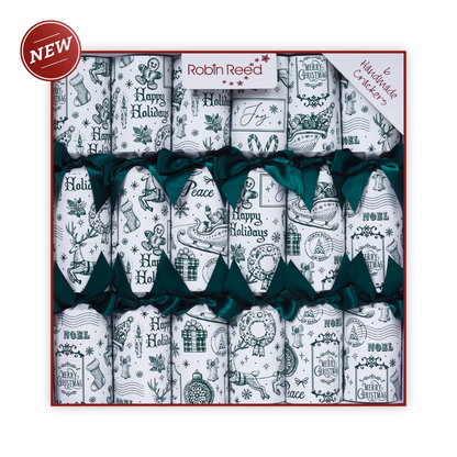 Packaged cracker set with festive designs and green ribbons, featuring the brand 'Robin Reed'.