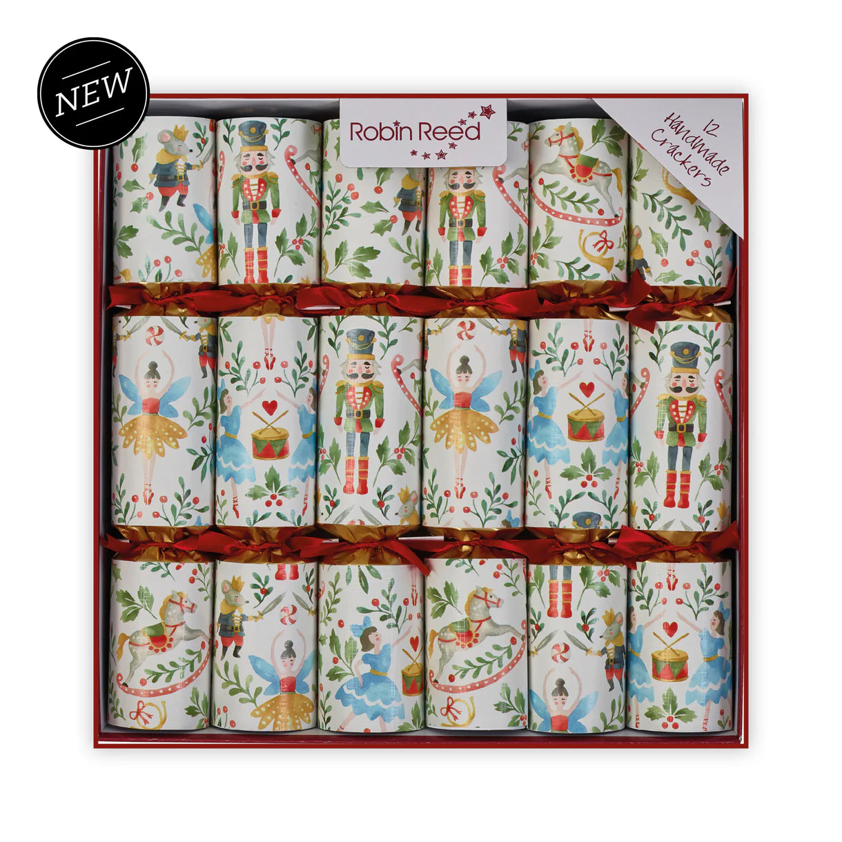 Box of Robin Reed Christmas crackers with festive designs.
