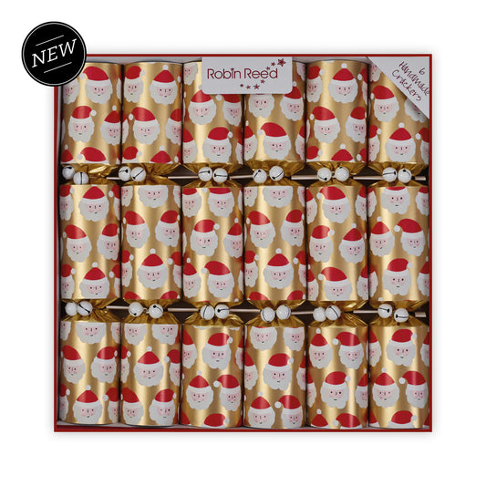 Box of Christmas crackers with Santa Claus design, brand 'Robin Reed' visible.