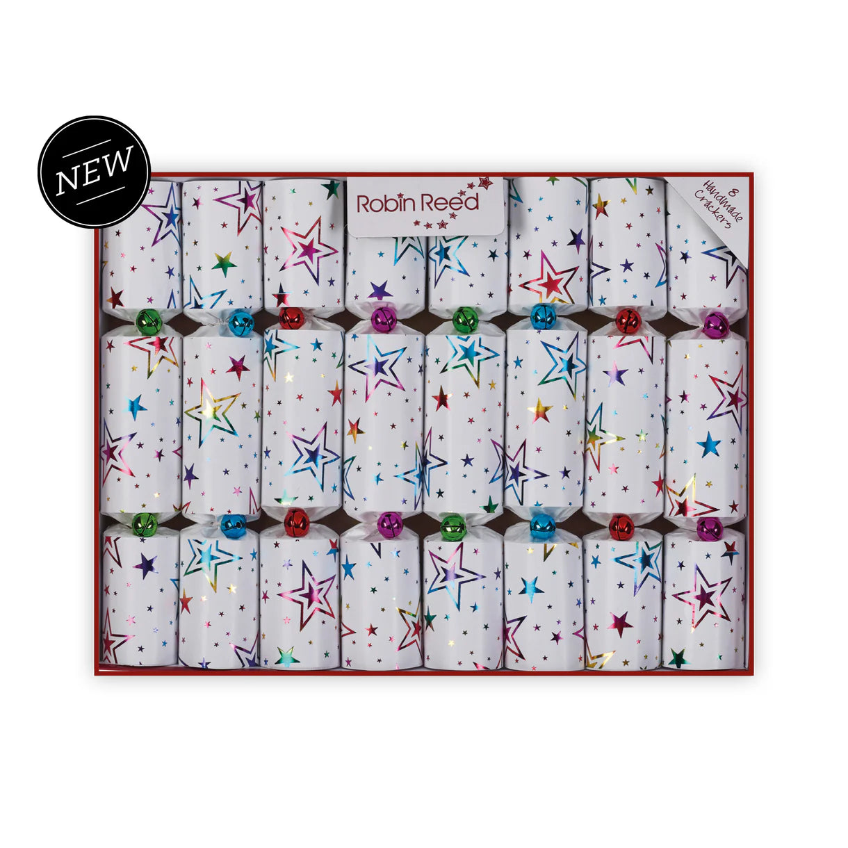 Box of colorful star-shaped jewelry with 'Robin Reed' branding on a white background.