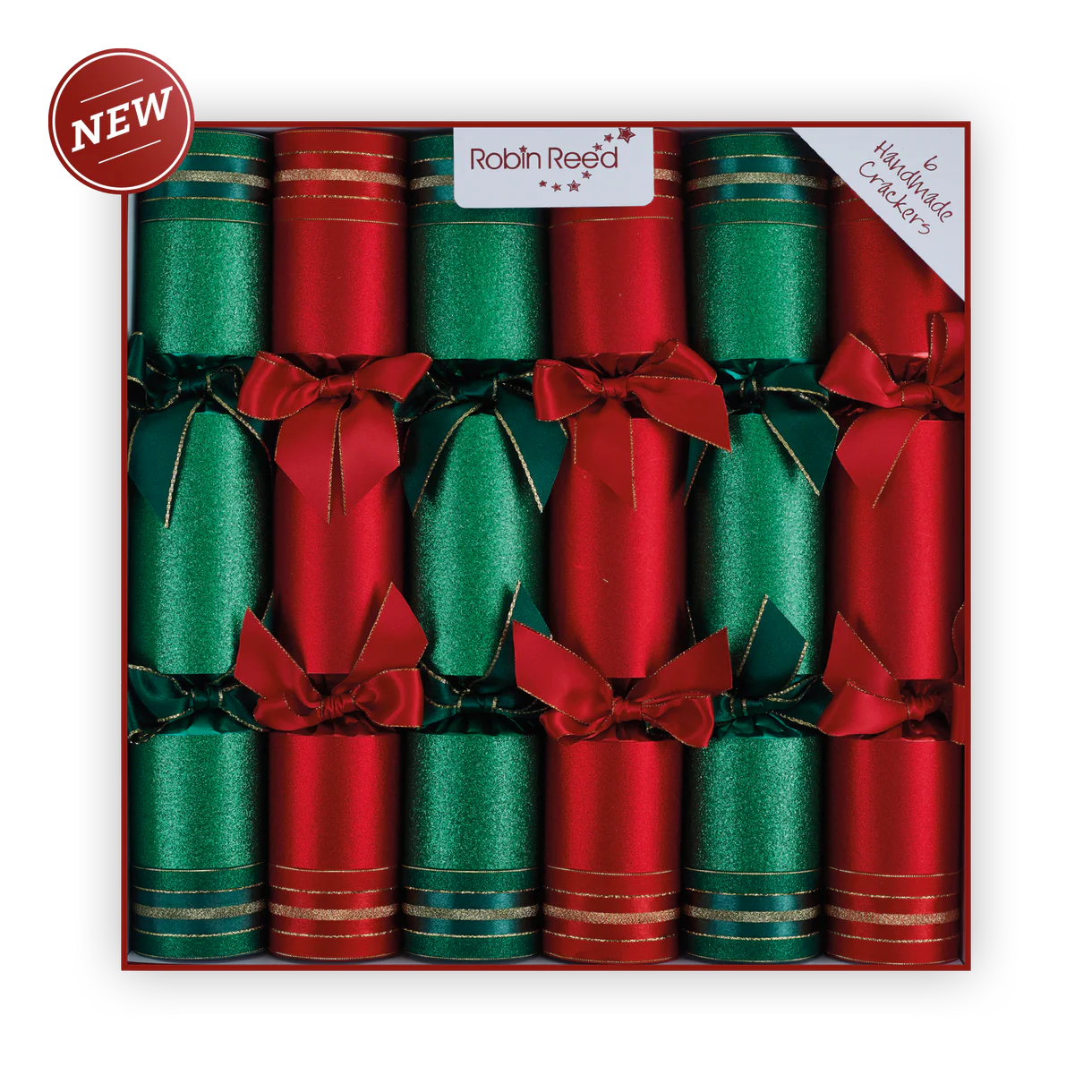 Box of red and green Christmas crackers with 'Robin Reed' branding.