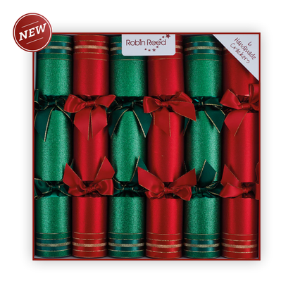 Box of red and green Christmas crackers with 'Robin Reed' branding.
