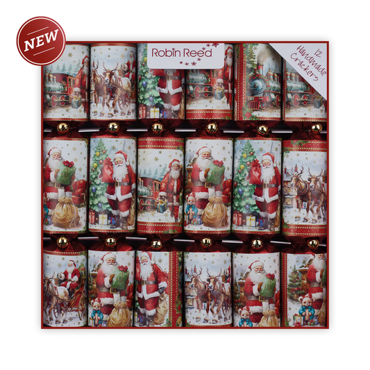 Display of Robin Reed Christmas-themed crackers with traditional Santa Claus, train and reindeer designs