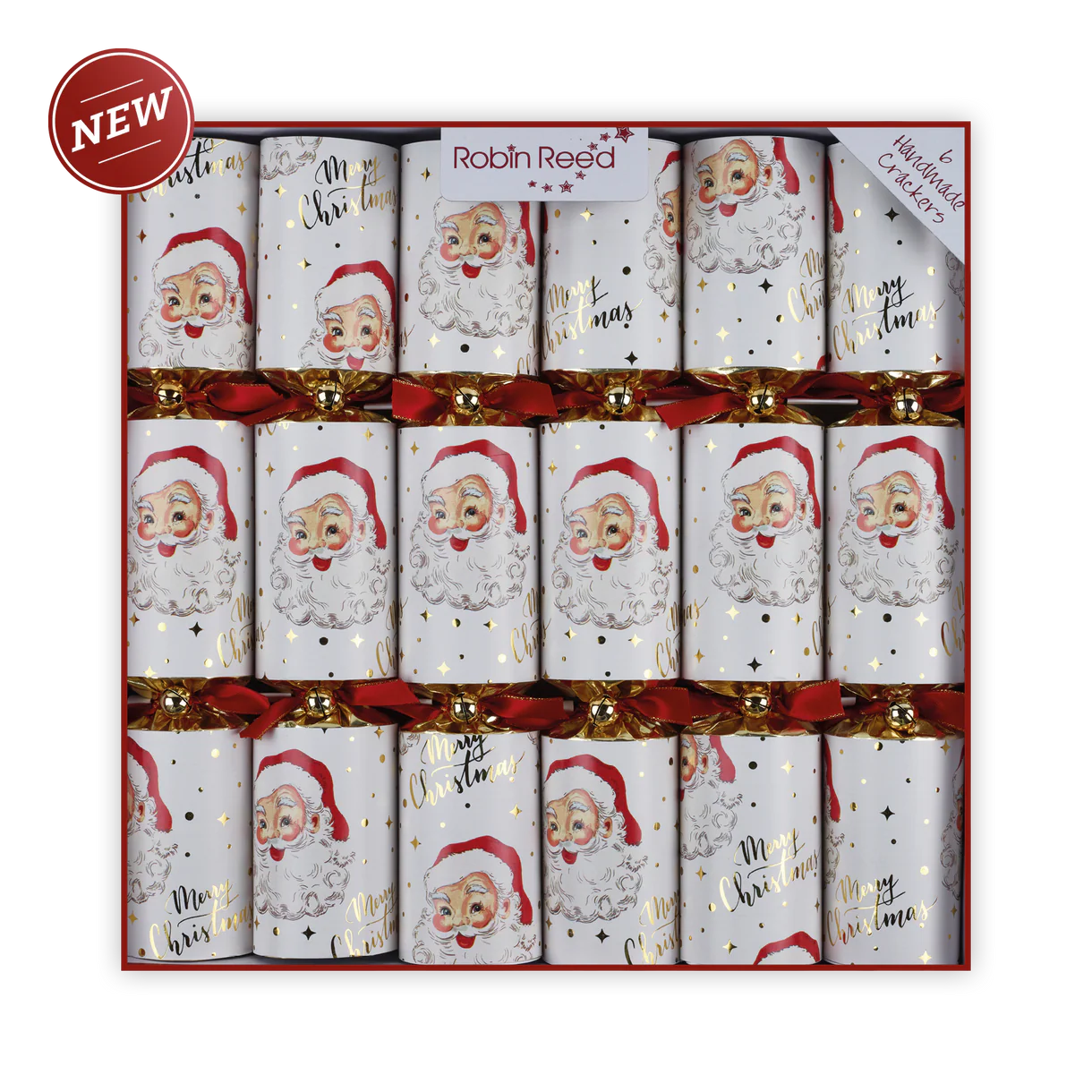 Box of Christmas crackers with Santa Claus design, brand 'Robin Reed' visible.