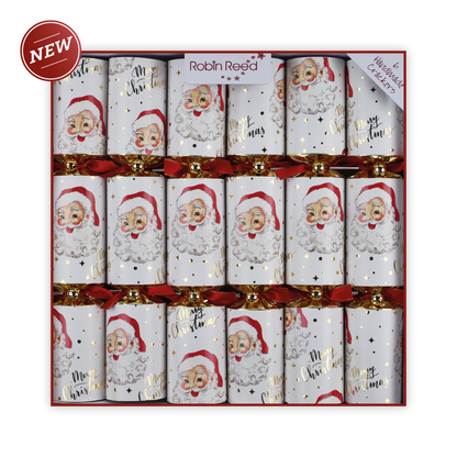 Box of Christmas crackers with Santa Claus design, brand 'Robin Reed' visible.
