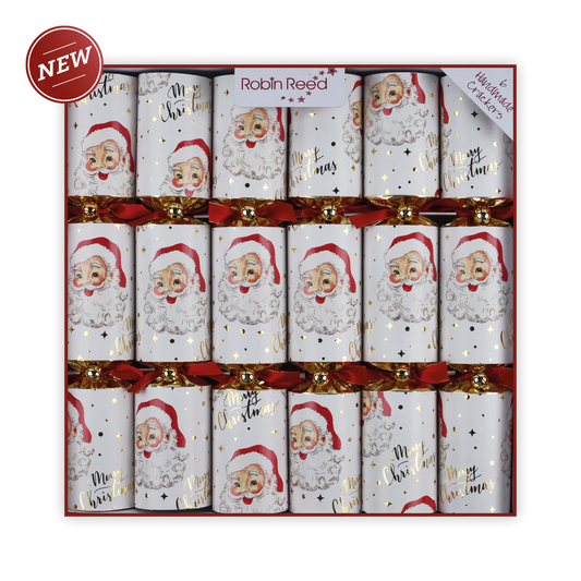 Box of Christmas crackers with Santa Claus design, brand 'Robin Reed' visible.