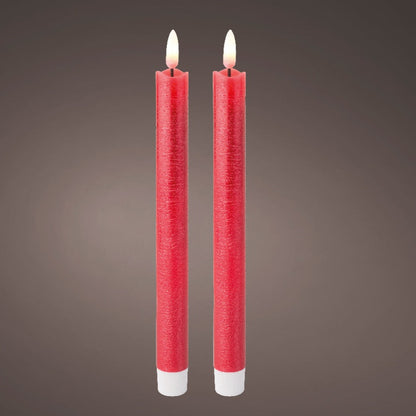 Picture image of two tall red dinner candles with LED wicks.