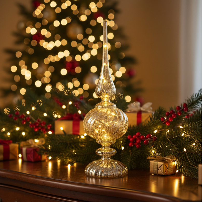 Silver Glass Finial Micro LED Christmas Table Decoration