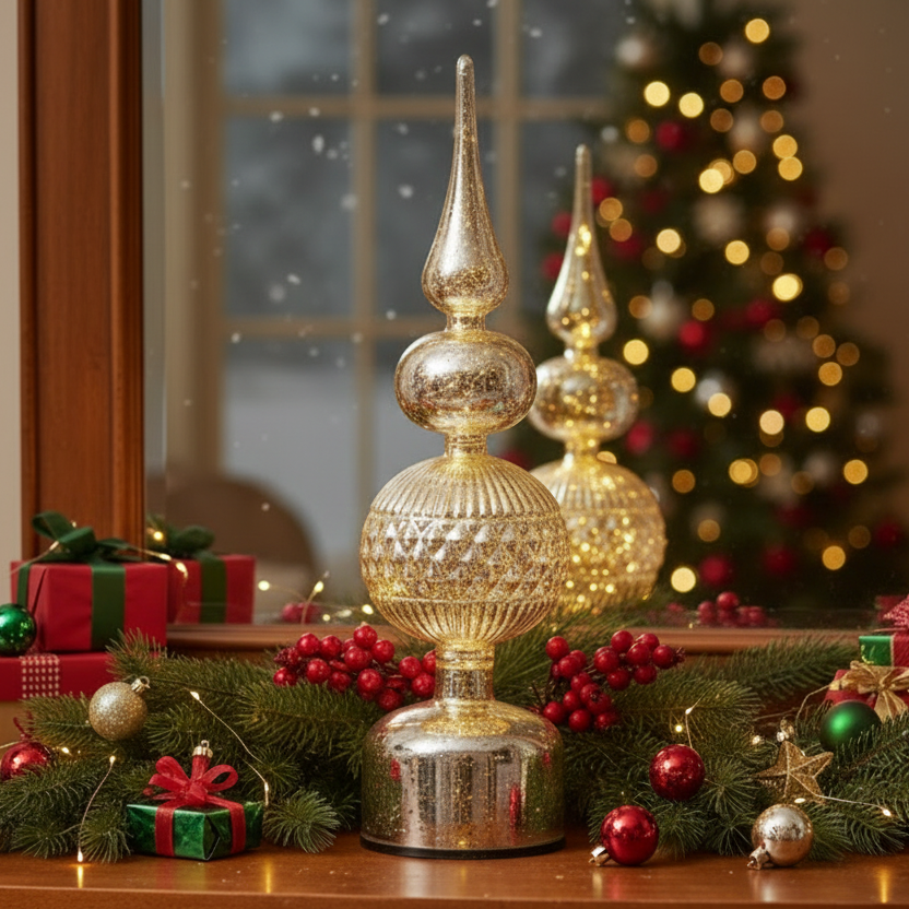Silver Glass Finial Micro LED Rotating Christmas Table Decoration