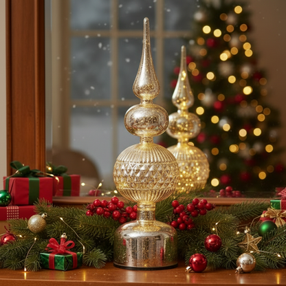 Silver Glass Finial Micro LED Rotating Christmas Table Decoration
