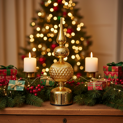 Gold Glass Finial Micro LED Rotating Christmas Table Decoration