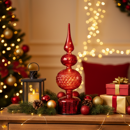Red Glass Finial Micro LED Rotating Christmas Table Decoration