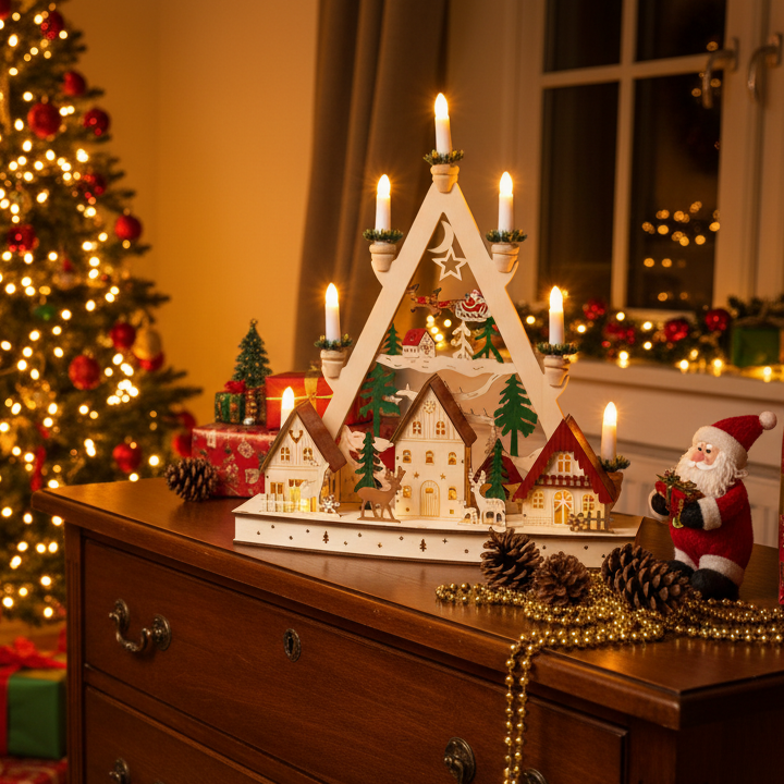 Wooden Christmas Village Scene Candle Bridge