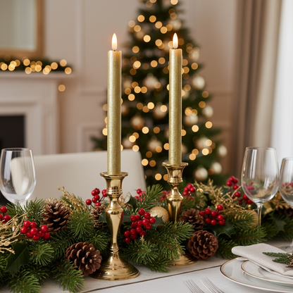 Set of 2 LED Wick Rustic Gold Dinner Candles 24cm