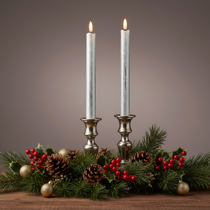 2 LED Wick Silver Dinner Candles 24cm