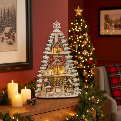 Wooden Christmas Tree Village Scene
