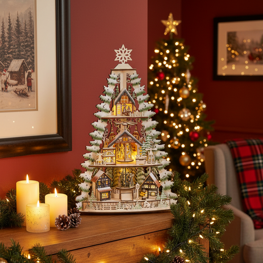Wooden Christmas Tree Village Scene