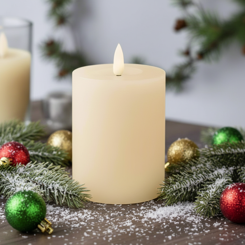 A single cream-colored LED wick flat top wax Christmas candle on a wooden surface with a blurred background featuring holiday decorations.