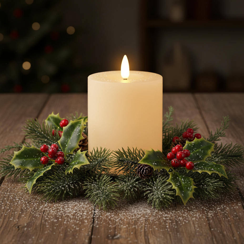 Cream LED Wick Flat Top Wax Christmas Candle 11.2cm x 7cm