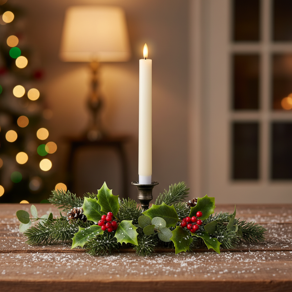 A single white candle with a flat top wick, glowing with a warm white light, set against a dark background.
