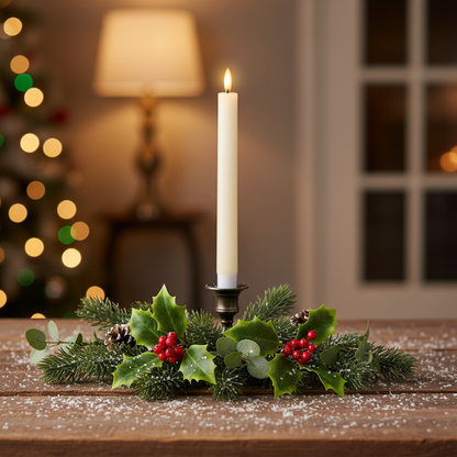 A single white candle with a flat top wick, glowing with a warm white light, set against a dark background.