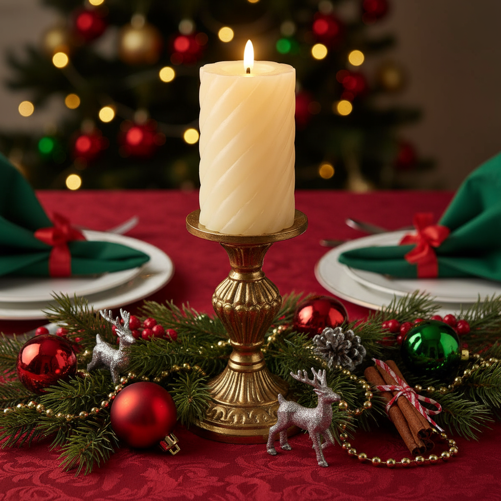 Cream LED Wick Twisted Wax Christmas Candle with Melted Top 14.8cm x 7.5cm