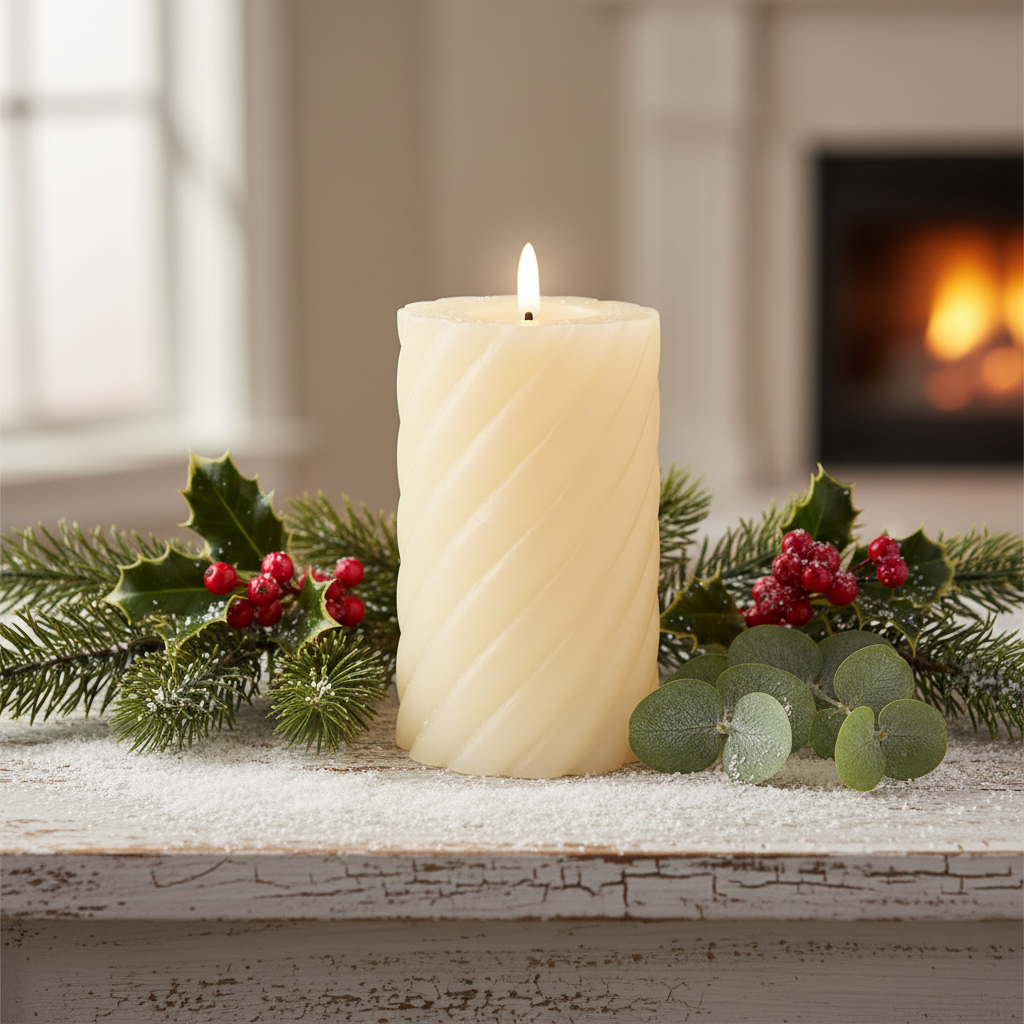 White candle with greenery on a mantelpiece in front of a fireplace