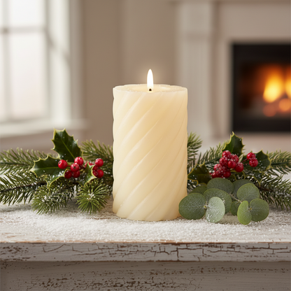White candle with greenery on a mantelpiece in front of a fireplace