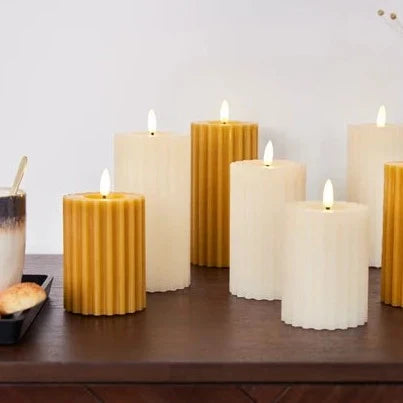 Cream LED Wick Carved Wax Christmas Candle with Melted Top 14.8cm x 7.5cm
