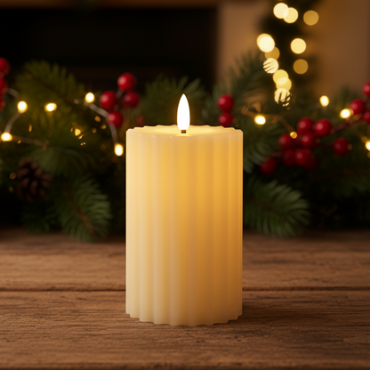 Cream LED Wick Carved Wax Christmas Candle with Melted Top 14.8cm x 7.5cm