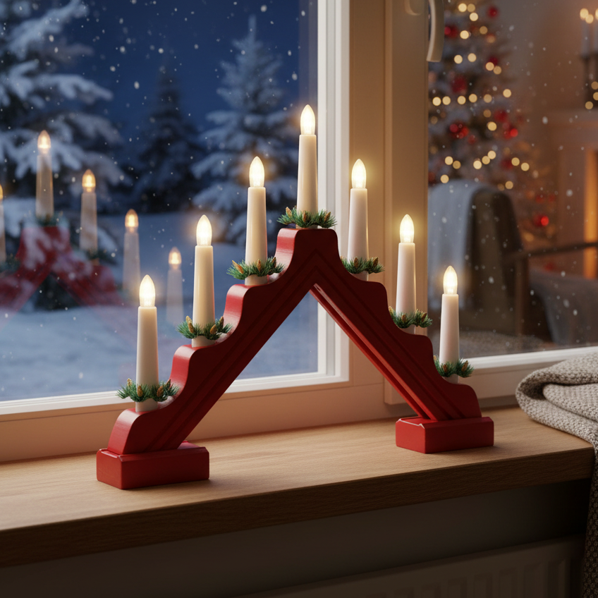 Red 7 Bulb Candle Bridge with Foliage