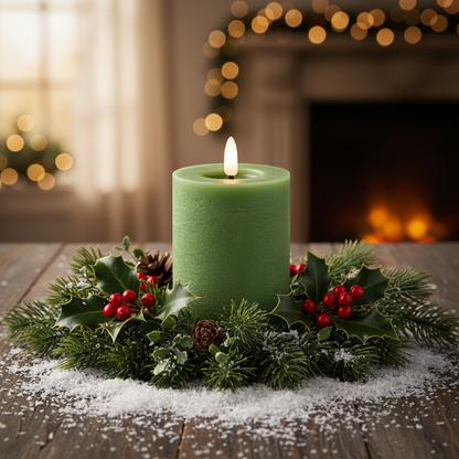 Green LED Wick Flat Top Wax Christmas Candle 11.2cm x 7cm