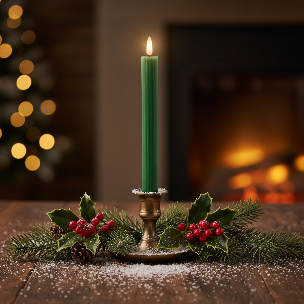 Set of 2 Green LED Wick Carved Wax Festive Dinner Candle