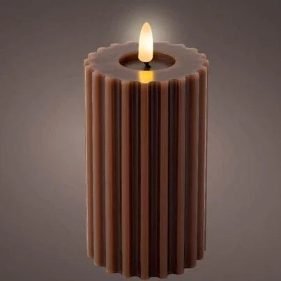 Brown LED Wick Carved Wax Christmas Candle with Melted Top 14.8cm x 7.5cm