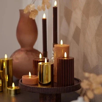 Brown LED Wick Carved Wax Christmas Candle with Melted Top 14.8cm x 7.5cm