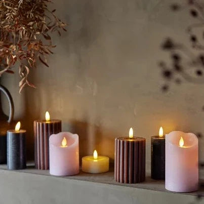 Brown LED Wick Carved Wax Christmas Candle with Melted Top 14.8cm x 7.5cm