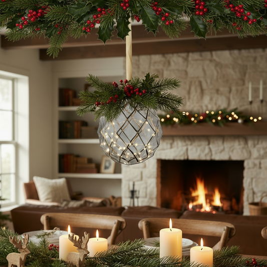 Decorated Christmas table with candles, greenery, and a fireplace in the background.