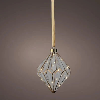 A gold-colored Christmas decoration with a geometric diamond pattern, hanging from a ribbon, featuring warm white micro LED lights.