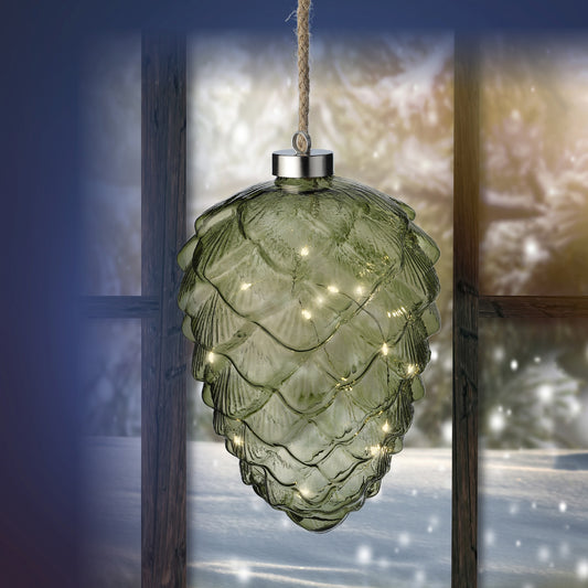 Lumineo Micro LED Green Glass Pinecone Christmas Decoration